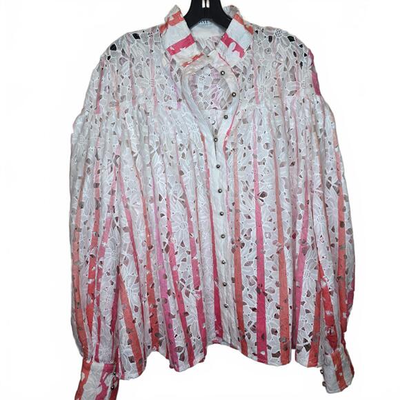 Pink and white Lace flowy Ombre long sleeve button up blouse Size L - Picture 1 of 7